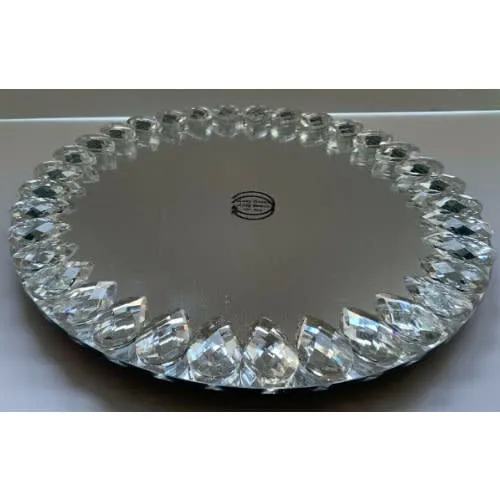 13" - Lazy Suzan - Round Mirrored Decorative Serving Tray With Crystal Bead Platter