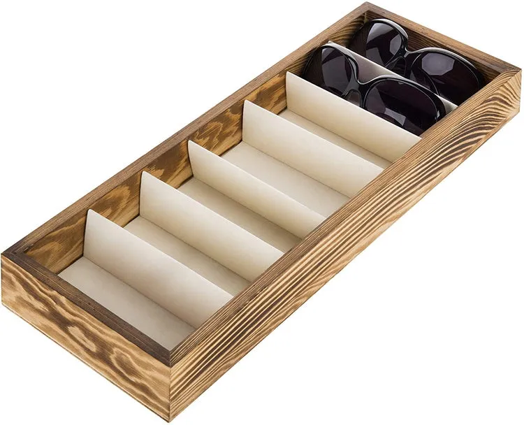 7 Compartment Modern Wood Glasses/Eyewear Storage Organizer, Open Top Watch Display Case