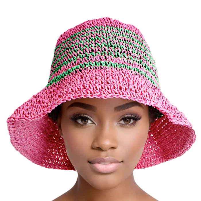 AKA Bucket Hat Pink Green Multi Stripe Straw