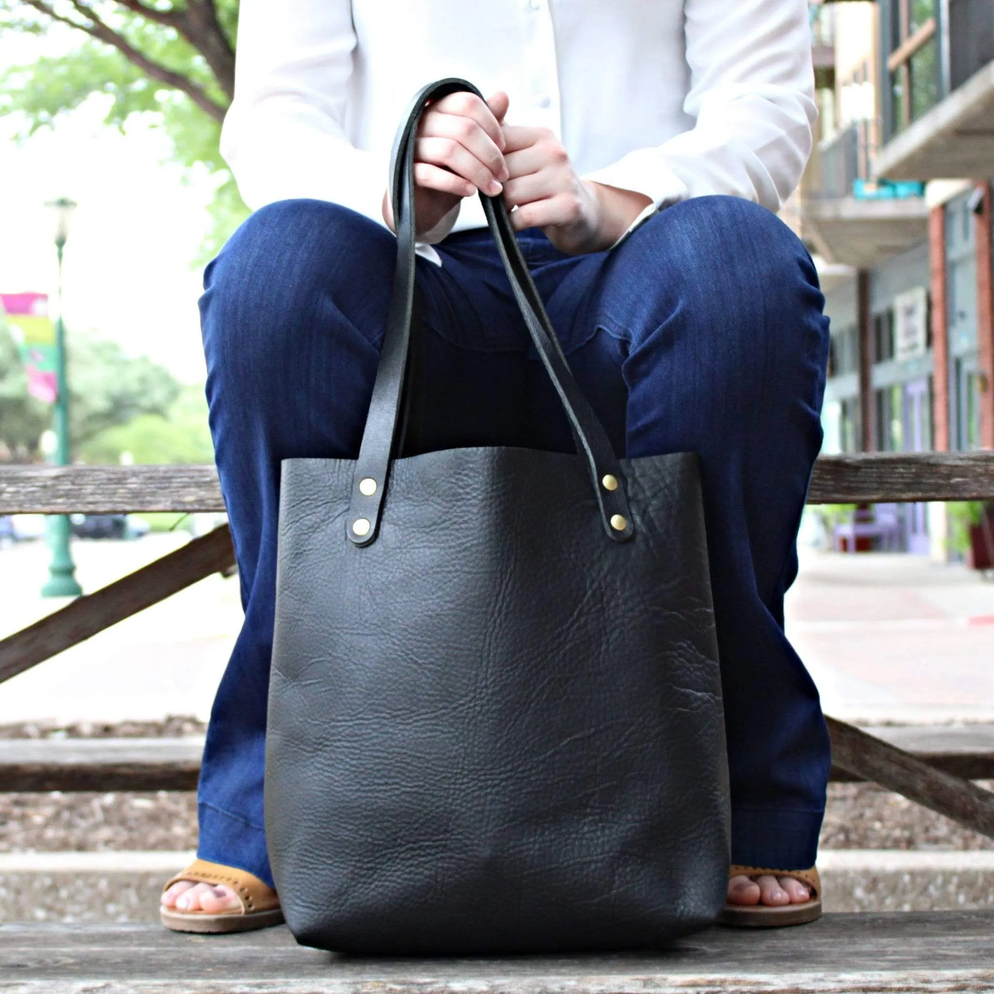 Black Leather Tote with Black Handles