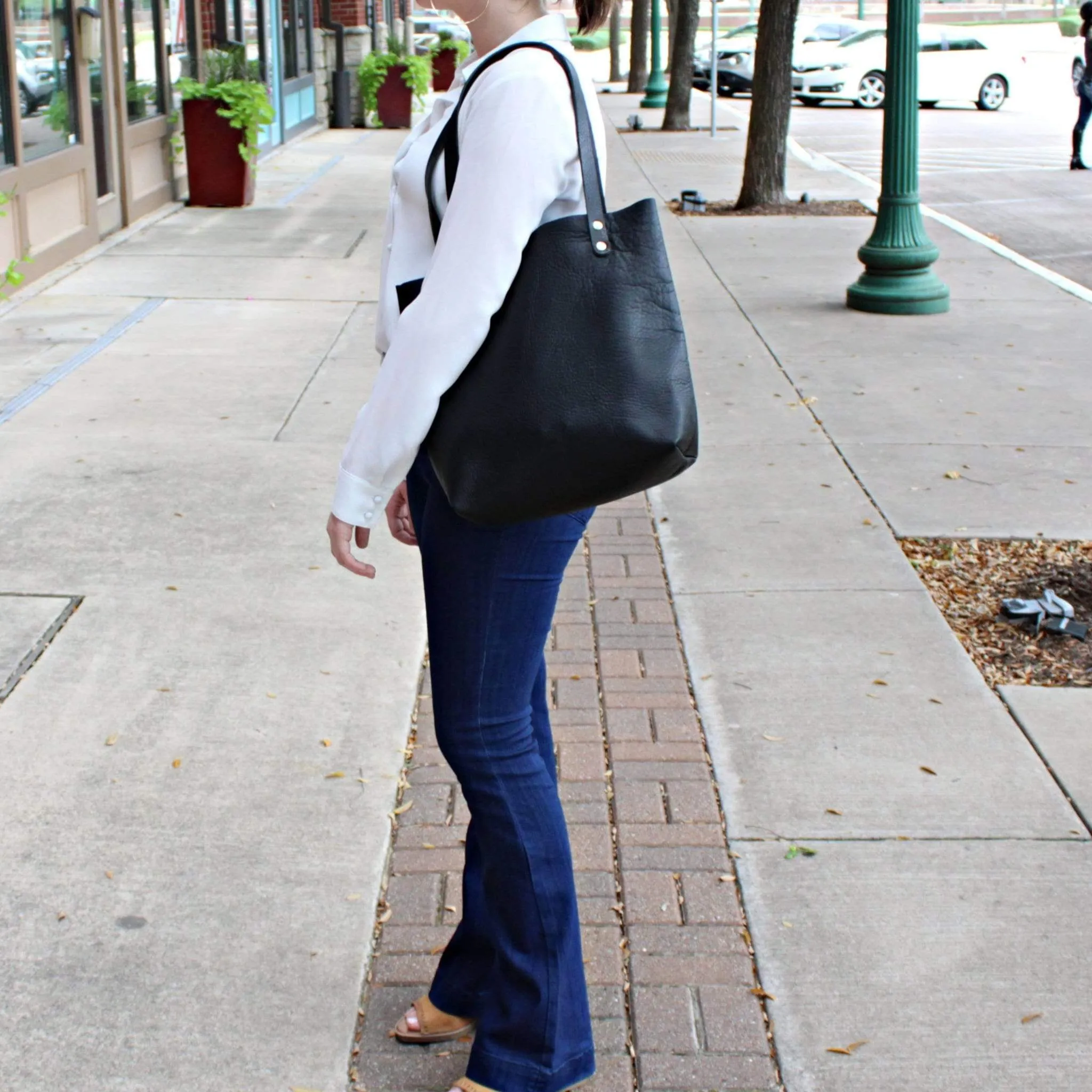 Black Leather Tote with Black Handles