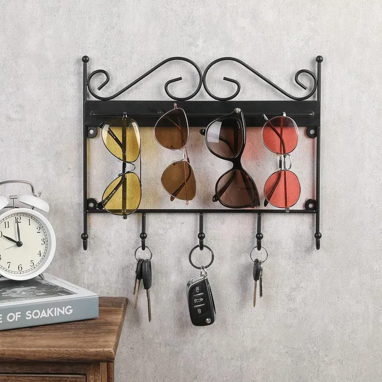 Black Metal Wire Hanging Sunglasses Holder for Home Wall Key Rack with 5 Hooks and Scrollwork Design