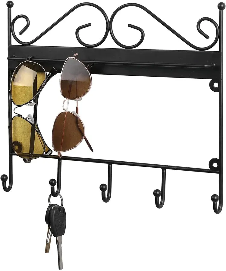 Black Metal Wire Hanging Sunglasses Holder for Home Wall Key Rack with 5 Hooks and Scrollwork Design