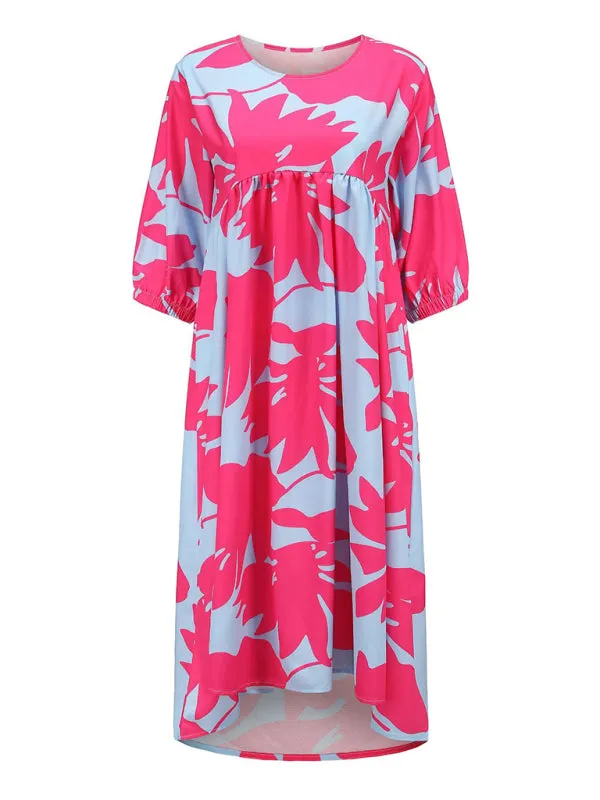 Blue Zone Planet |  Elena's Plus Size Woven Loose Round Neck Botanical Print Midi Dress