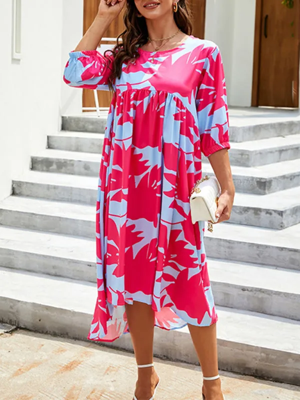 Blue Zone Planet |  Elena's Plus Size Woven Loose Round Neck Botanical Print Midi Dress