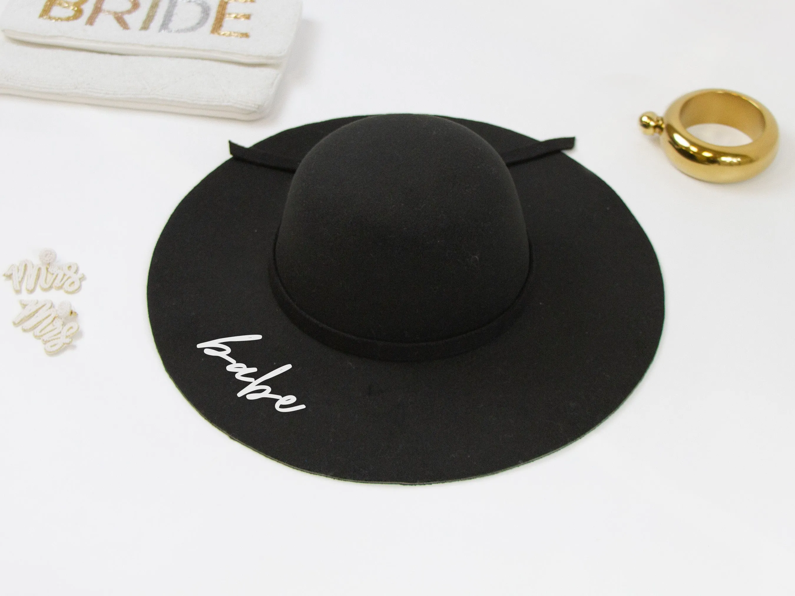 Bride, Babe Black Felt Floppy Wedding Hat