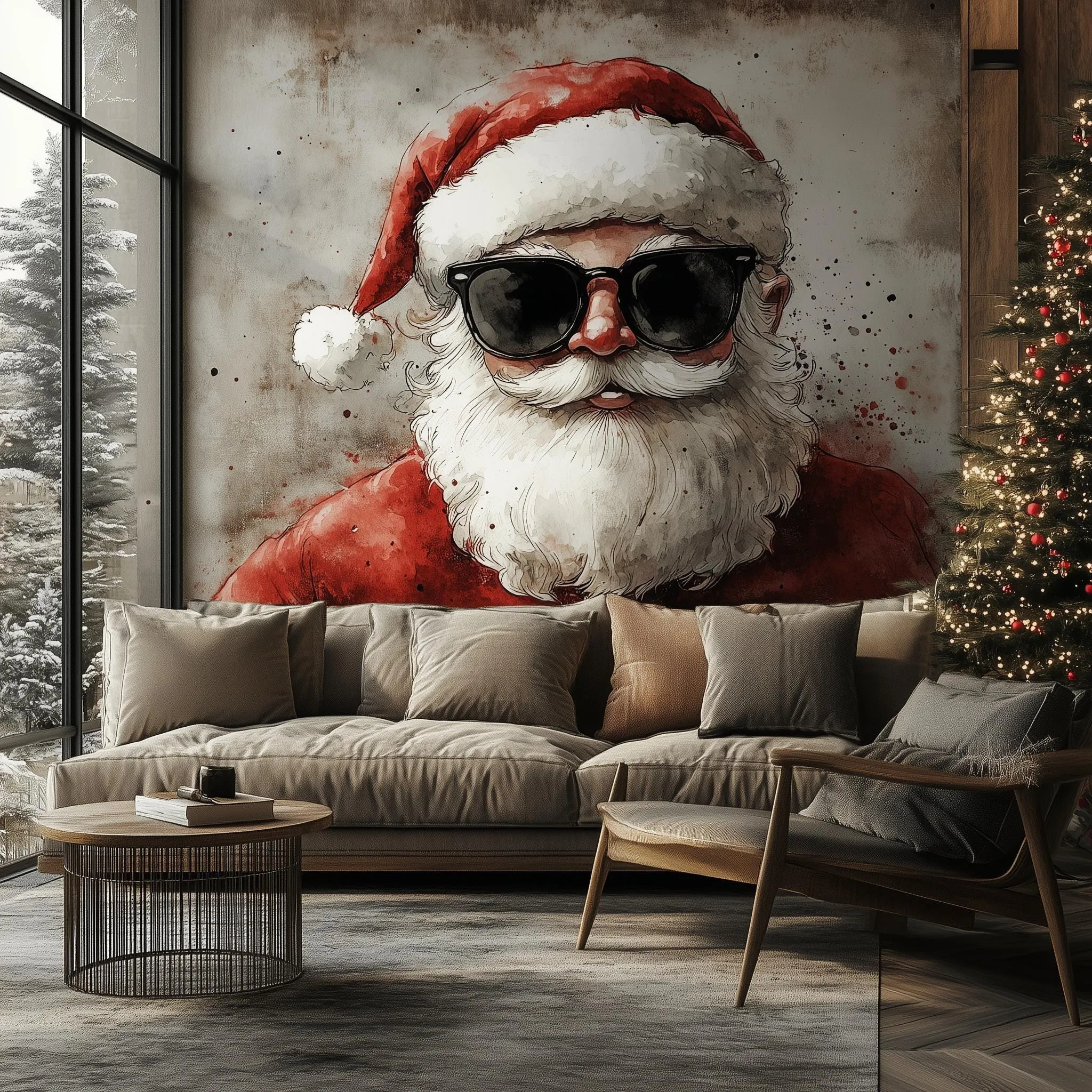 Classic Santa Claus Wall Mural | Rustic Christmas Decal | Cozy Holiday Wall Art | Santa with Gifts Sticker | Festive Woodland Scene