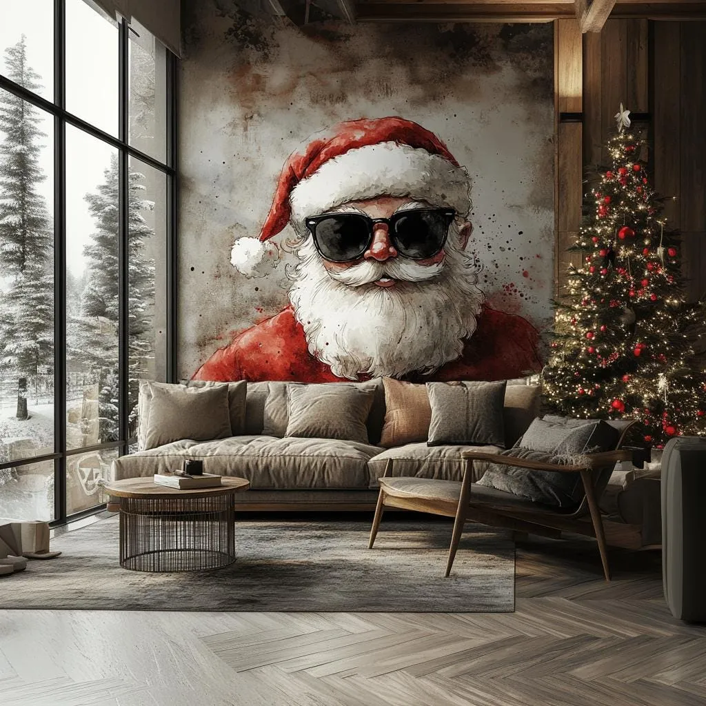 Classic Santa Claus Wall Mural | Rustic Christmas Decal | Cozy Holiday Wall Art | Santa with Gifts Sticker | Festive Woodland Scene