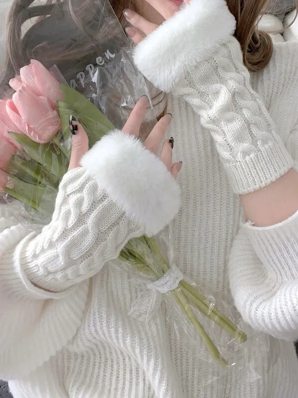 Cozy knit gloves with fluffy fur cuffs