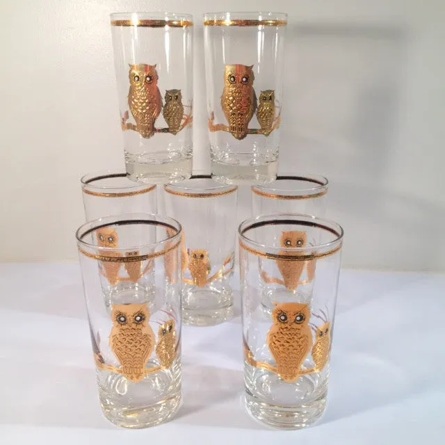 Culver Signed 22-Karat Gold Retro Owl Glasses - Tall (Set of 7)