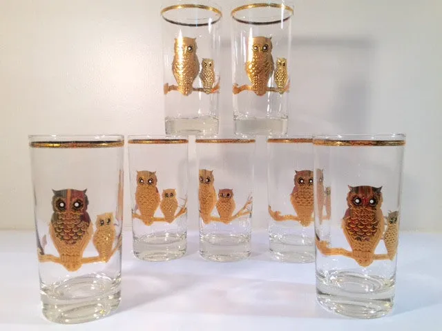 Culver Signed 22-Karat Gold Retro Owl Glasses - Tall (Set of 7)