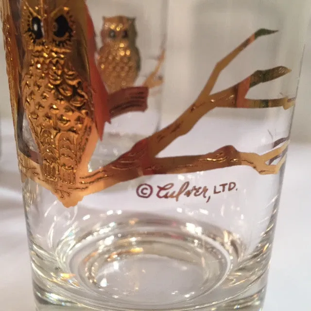 Culver Signed 22-Karat Gold Retro Owl Glasses - Tall (Set of 7)