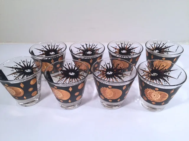 Fred Press - Signed Mid-Century Celestial/Atomic Burst 22-Karat Gold & Black Double-Shot/Whiskey Glasses (Set of 8)