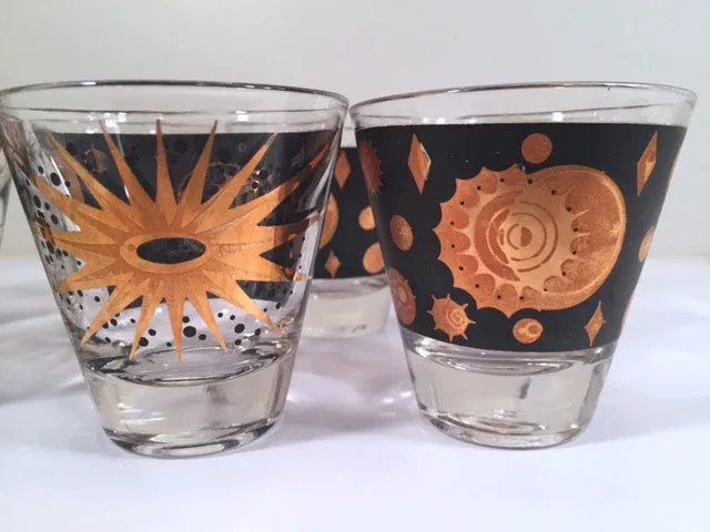 Fred Press - Signed Mid-Century Celestial/Atomic Burst 22-Karat Gold & Black Double-Shot/Whiskey Glasses (Set of 8)