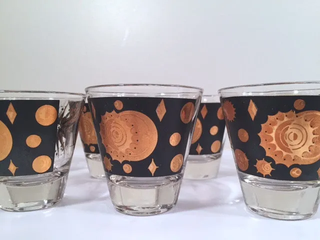 Fred Press - Signed Mid-Century Celestial/Atomic Burst 22-Karat Gold & Black Double-Shot/Whiskey Glasses (Set of 8)