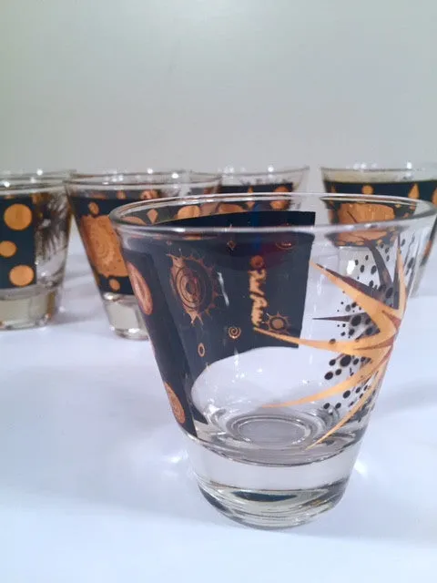 Fred Press - Signed Mid-Century Celestial/Atomic Burst 22-Karat Gold & Black Double-Shot/Whiskey Glasses (Set of 8)