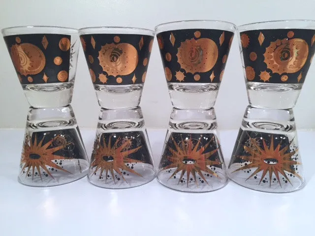 Fred Press - Signed Mid-Century Celestial/Atomic Burst 22-Karat Gold & Black Double-Shot/Whiskey Glasses (Set of 8)