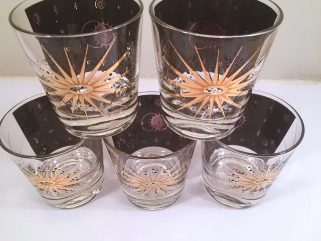 Fred Press - Signed Mid-Century Celestial/Atomic Burst 22-Karat Gold & Black Whiskey Glasses (Set of 5)