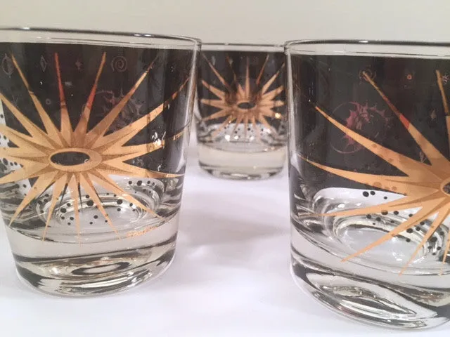 Fred Press - Signed Mid-Century Celestial/Atomic Burst 22-Karat Gold & Black Whiskey Glasses (Set of 5)