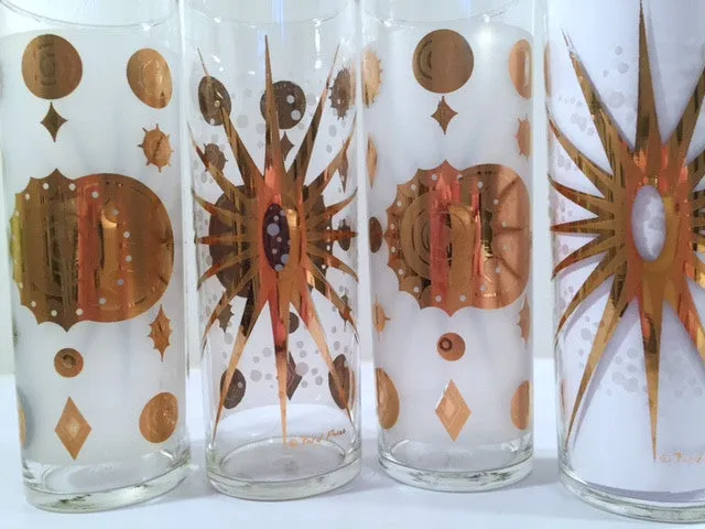 Fred Press - Signed Mid-Century Frosted White & 22-Karat Gold Atomic Starburst Collins Glasses (Set of 4)