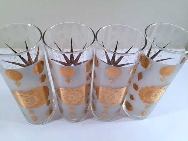 Fred Press - Signed Mid-Century Frosted White & 22-Karat Gold Atomic Starburst Collins Glasses (Set of 4)