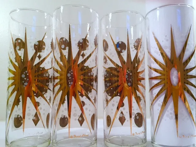 Fred Press - Signed Mid-Century Frosted White & 22-Karat Gold Atomic Starburst Collins Glasses (Set of 4)