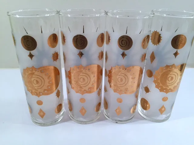 Fred Press - Signed Mid-Century Frosted White & 22-Karat Gold Atomic Starburst Collins Glasses (Set of 4)