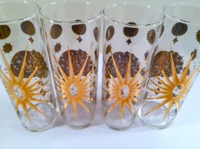 Fred Press - Signed Mid-Century Frosted White & 22-Karat Gold Atomic Starburst Collins Glasses (Set of 4)