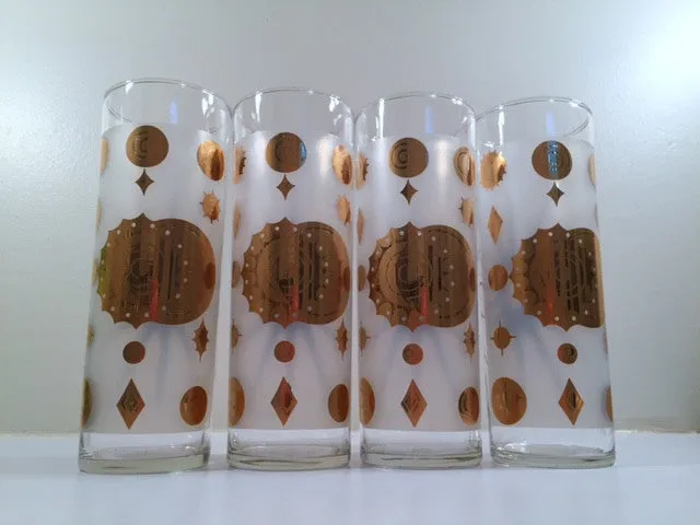 Fred Press - Signed Mid-Century Frosted White & 22-Karat Gold Atomic Starburst Collins Glasses (Set of 4)