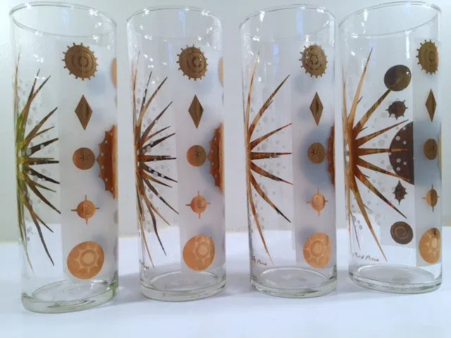 Fred Press - Signed Mid-Century Frosted White & 22-Karat Gold Atomic Starburst Collins Glasses (Set of 4)