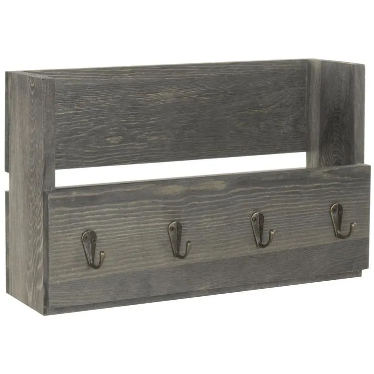 Gray Wood Entryway Mail Organizer with 4 Hooks