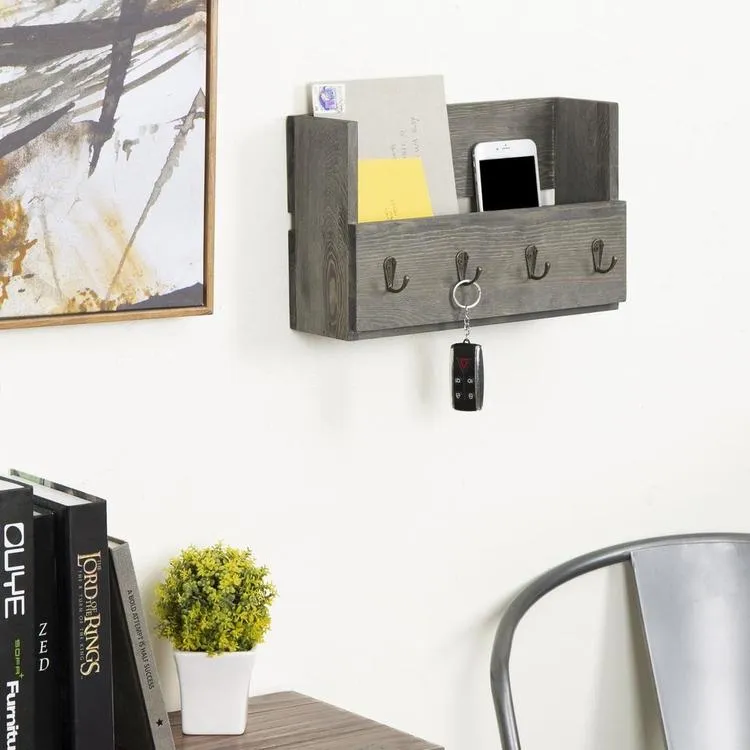 Gray Wood Entryway Mail Organizer with 4 Hooks