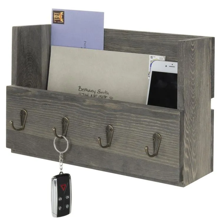 Gray Wood Entryway Mail Organizer with 4 Hooks