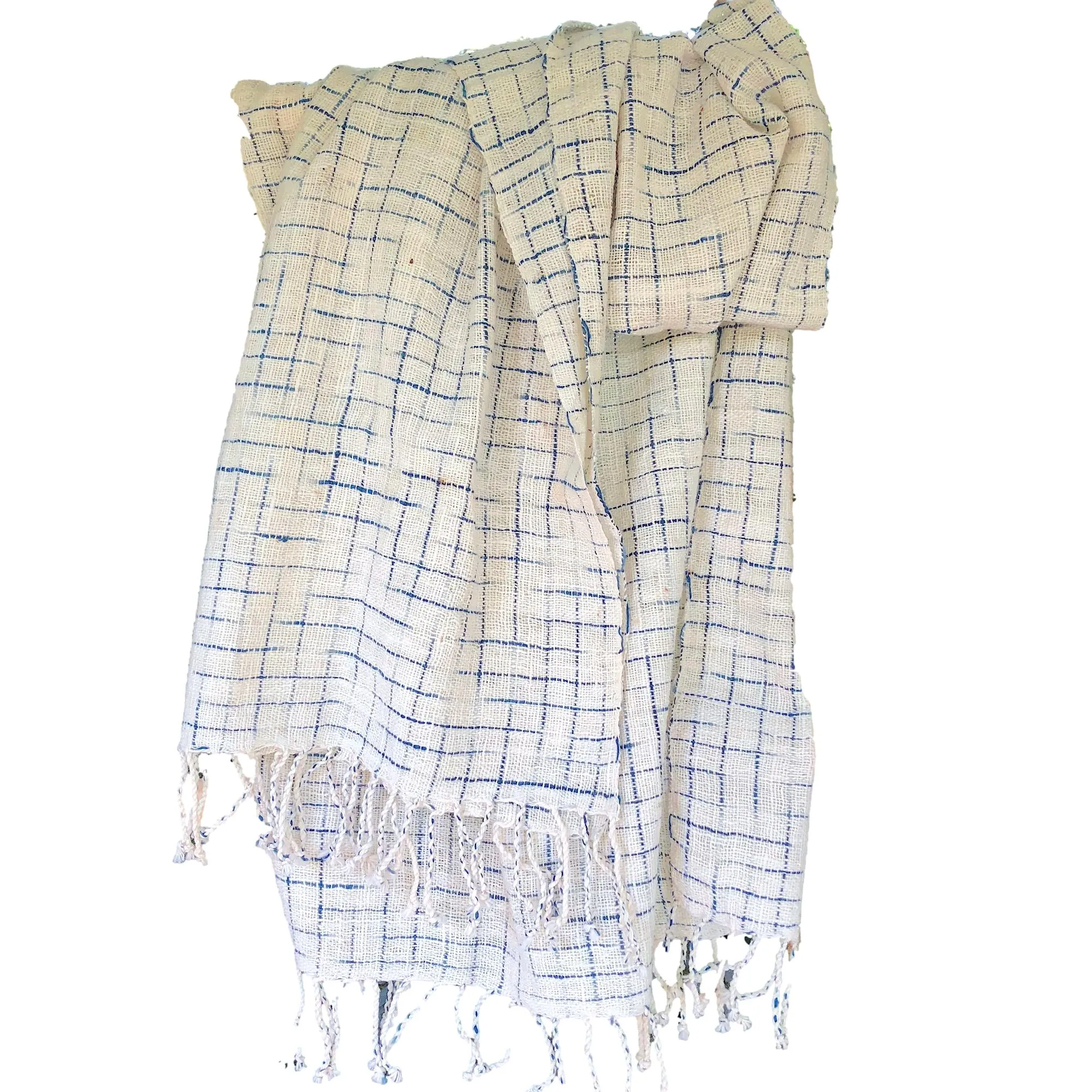 Hand woven cotton and indigo shawl with fringe