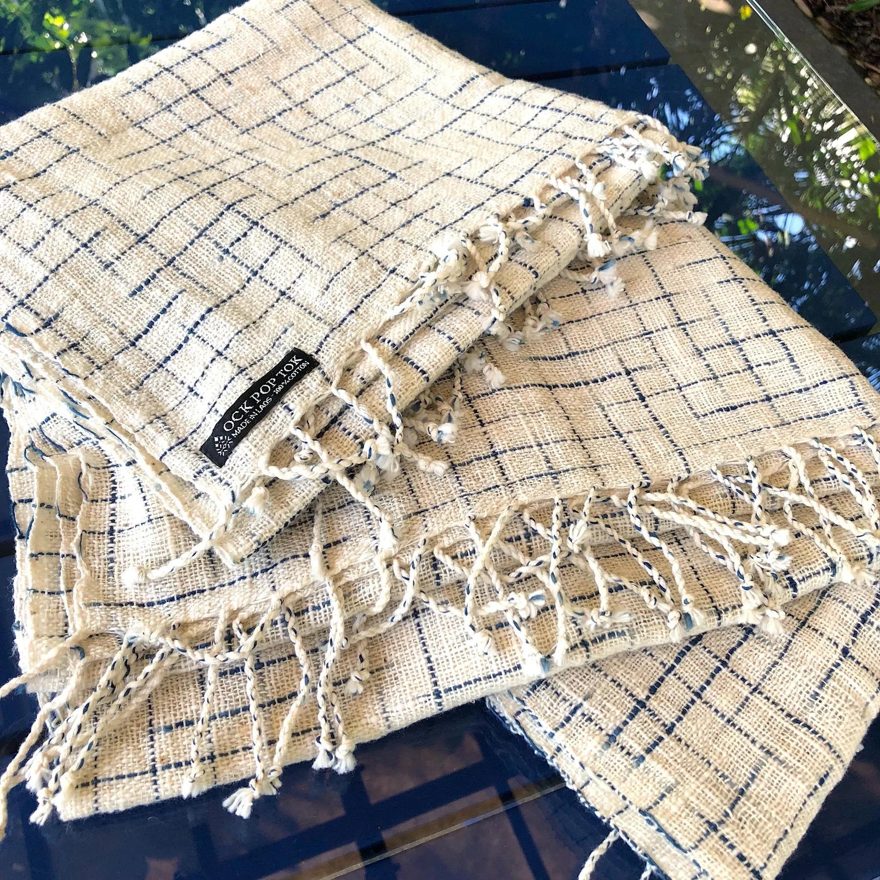 Hand woven cotton and indigo shawl with fringe