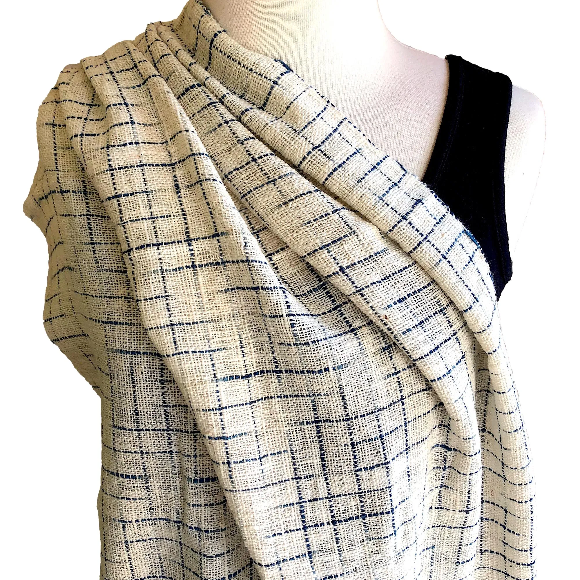 Hand woven cotton and indigo shawl with fringe