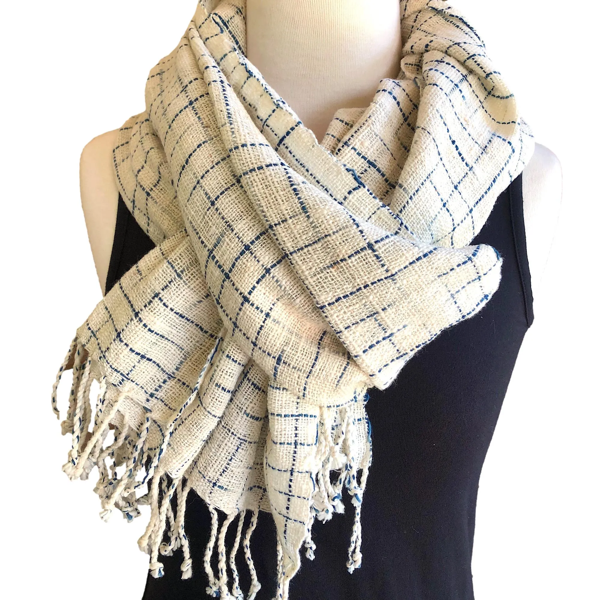 Hand woven cotton and indigo shawl with fringe