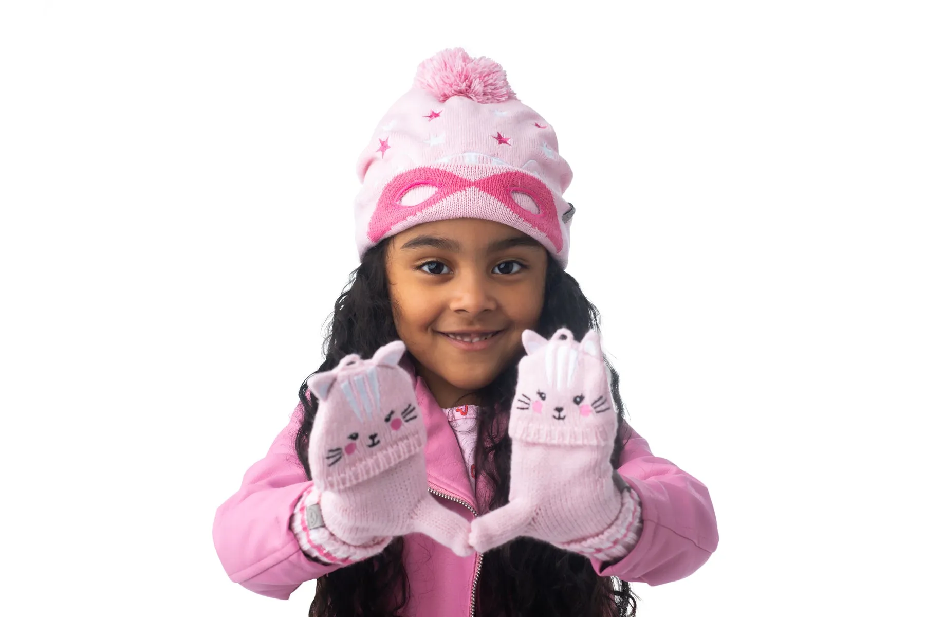 Kids Knitted Fingerless Gloves with Mitten Flaps - Cat