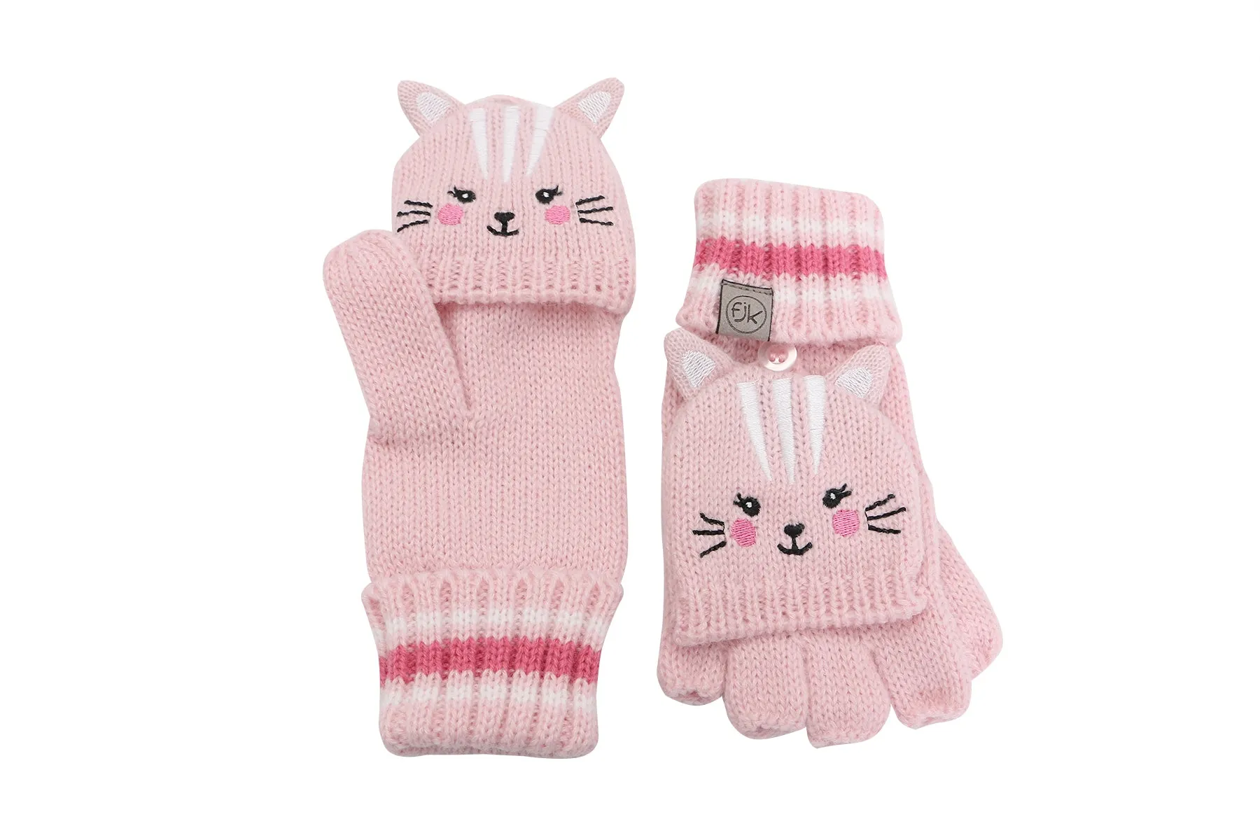 Kids Knitted Fingerless Gloves with Mitten Flaps - Cat