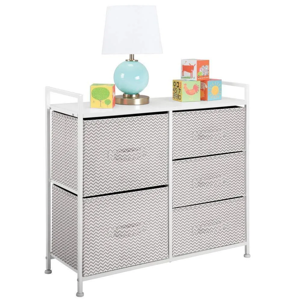 mDesign Wide Dresser Storage Tower - Sturdy Steel Frame, Wood Top, Easy Pull Fabric Bins - Organizer Unit for Bedroom, Hallway, Entryway, Closets - Chevron Print, 5 Drawers - Taupe/White