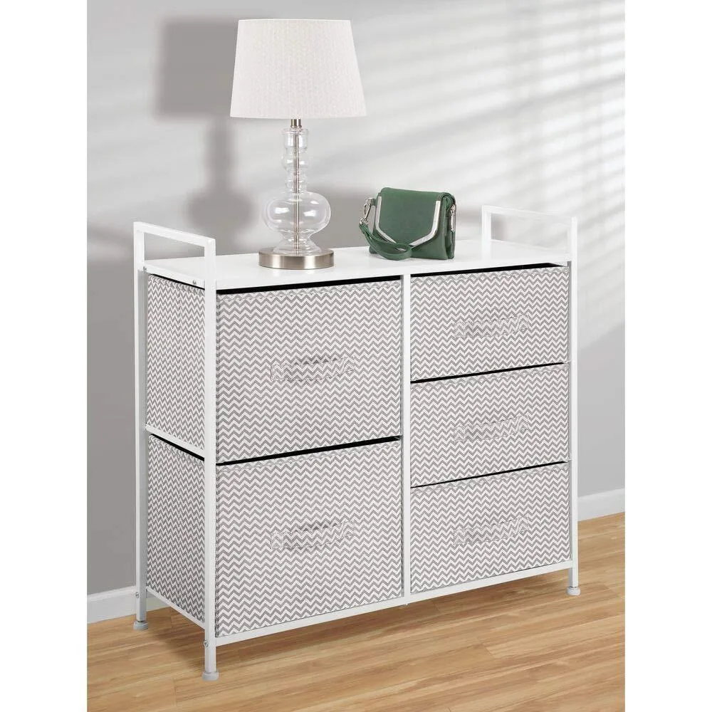 mDesign Wide Dresser Storage Tower - Sturdy Steel Frame, Wood Top, Easy Pull Fabric Bins - Organizer Unit for Bedroom, Hallway, Entryway, Closets - Chevron Print, 5 Drawers - Taupe/White