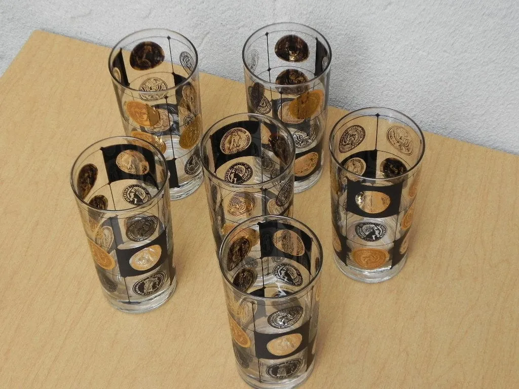 Mid Century Gold Black Coin Highball Glasses