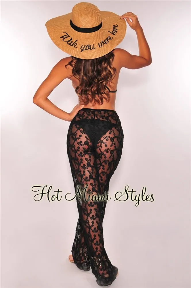 Mocha Embroidered "Wish You Were Here" Straw Floppy Hat