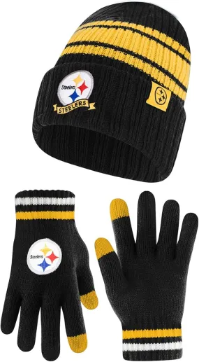 NFL Womens Super Soft Team Stripe Winter Beanie Knit Hat with Extra Warm Touch Screen Gloves|Pittsburgh Steelers