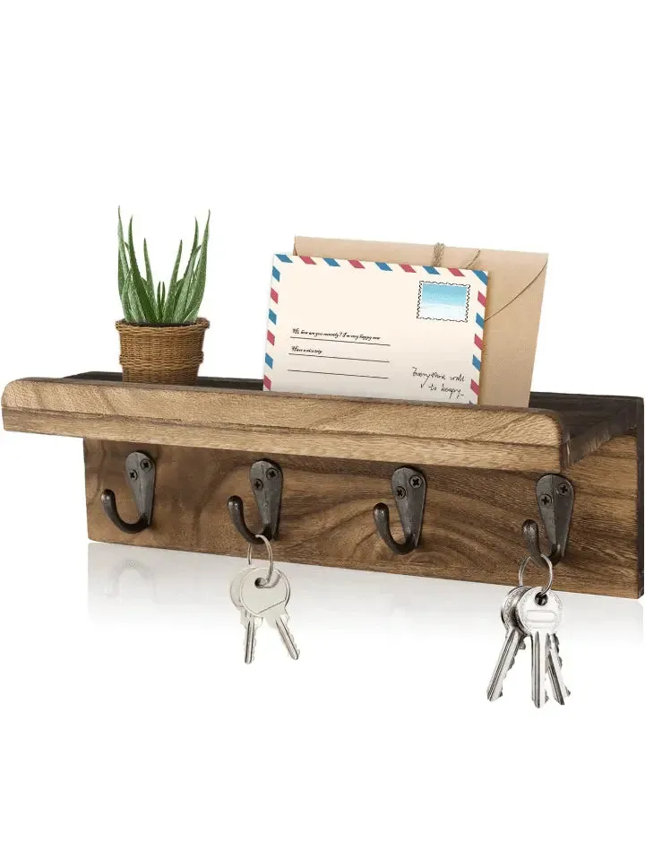 Rustic Key Holder for Wall, Farmhouse Wall Shelf with 4 Hooks, Wall Mounted Key Racks, Wooden Mail Organizer with Hooks for Entryway (Brown)