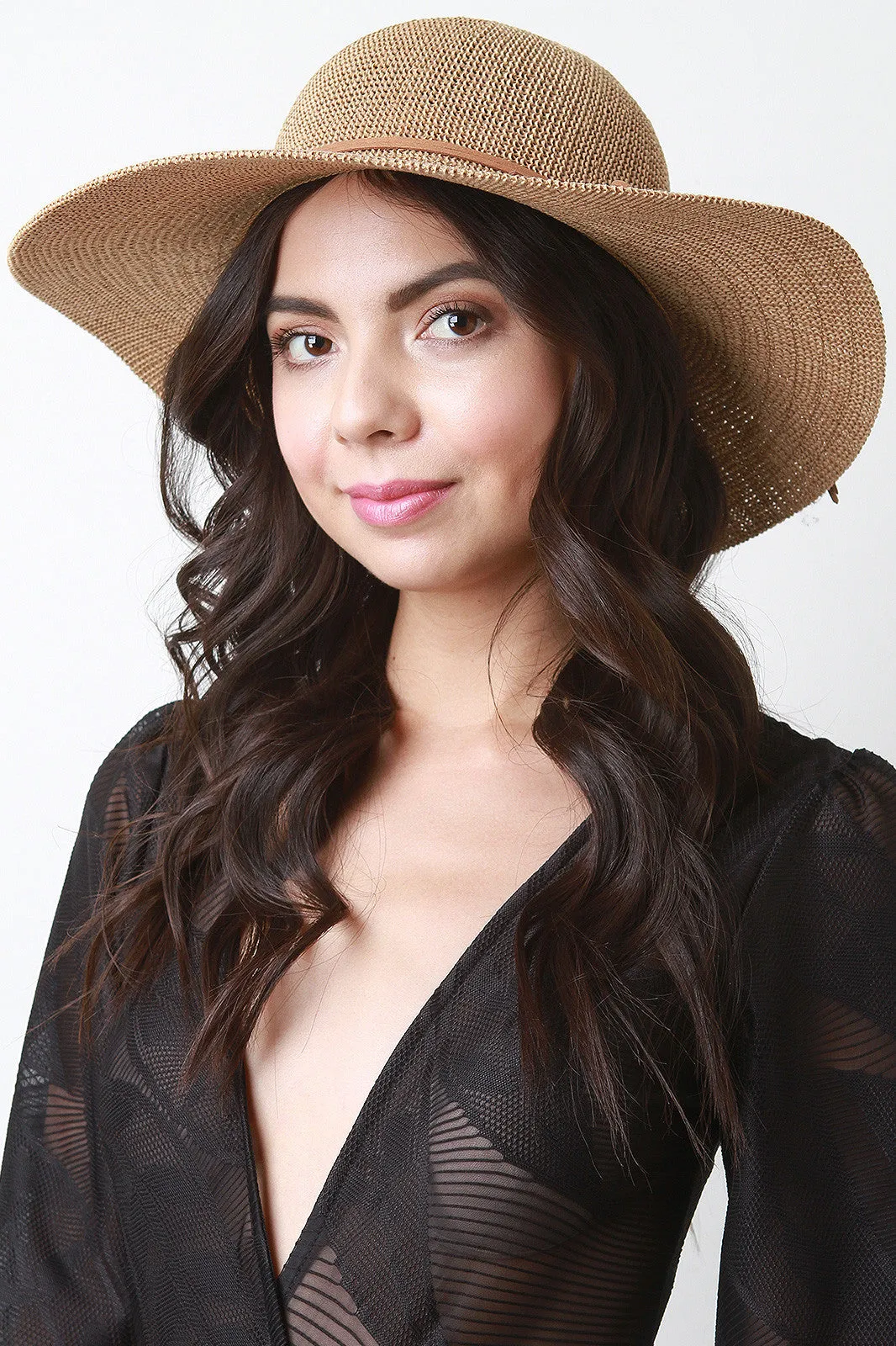 Straw Faux Suede Bow Floppy Hat