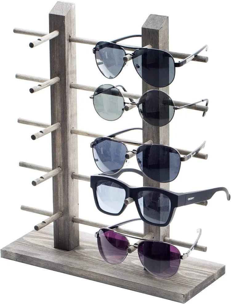 Sunglasses Display Stand, Gray Wood Tabletop Eyeglass Storage Rack, Holds up to 10 Pairs of Eyewear