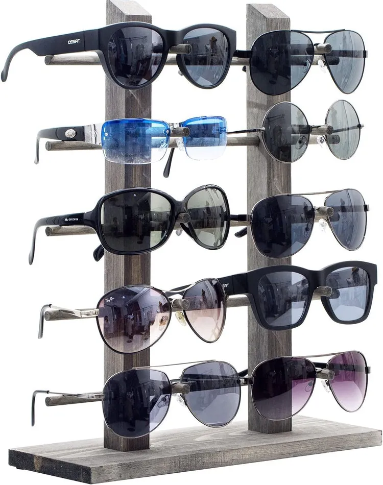 Sunglasses Display Stand, Gray Wood Tabletop Eyeglass Storage Rack, Holds up to 10 Pairs of Eyewear