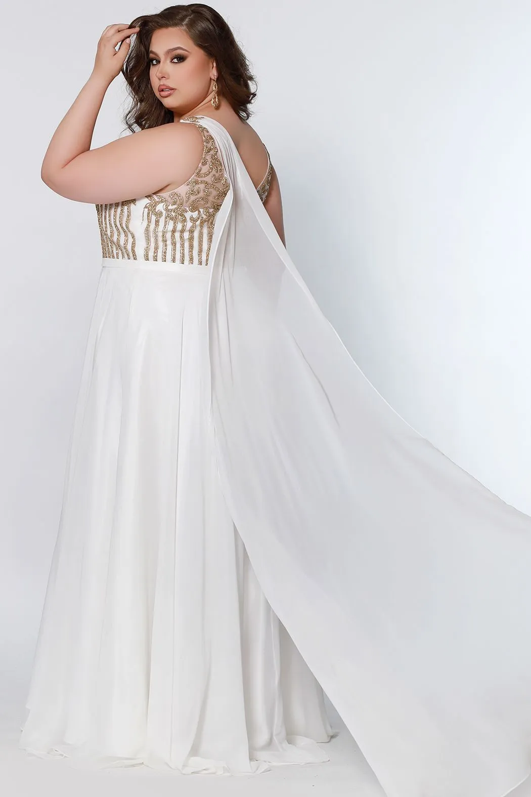 Sydney's Closet SC7331 Size 16 Ivory Gold Long Pageant Gown Cape Plus Size Prom Dress