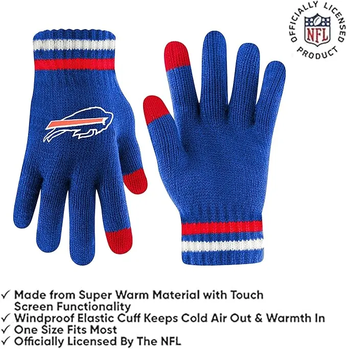 Ultra Game Youth NFL Official Super Soft Team Stripe Winter Beanie Knit Hat with Extra Warm Touch Screen Gloves|Buffalo Bills